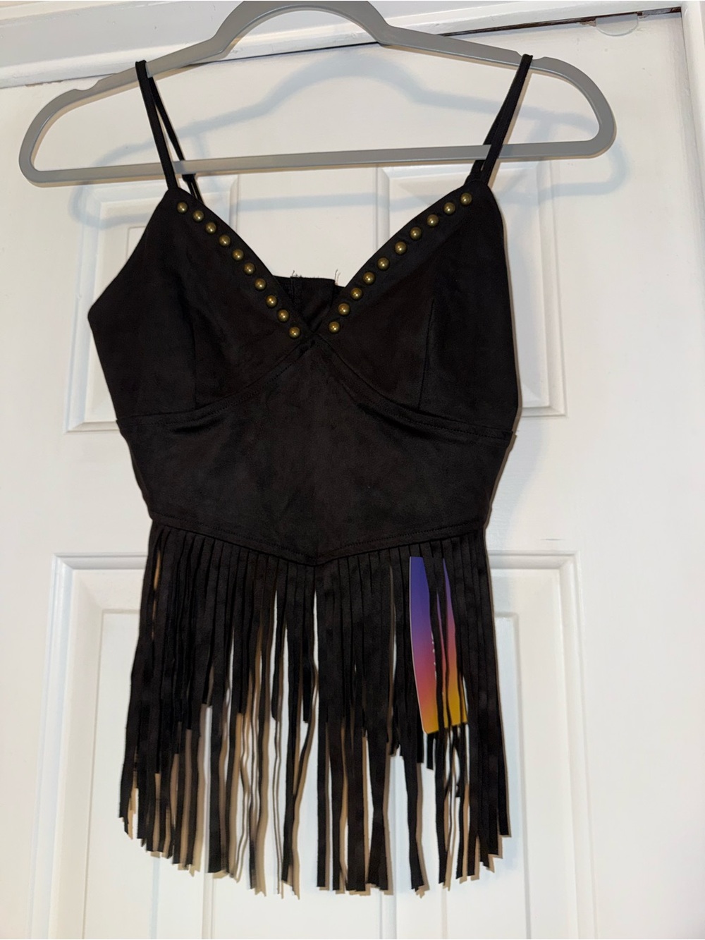 SHEIN Black Fringe Crop Top with Brand Tag